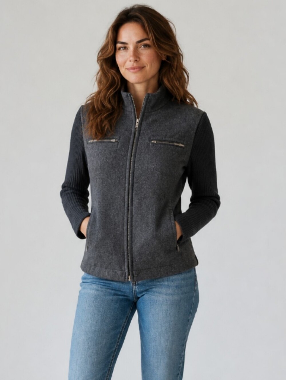 Studio Jax Womens 8 Jacket Gray Ribbed Long Sleeve Wool Blend Full Zip Pockets